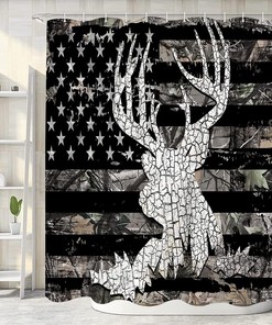 Rustic American Flag with Deer Camo Shower Curtain, Perfect for Wildlife Enthusiasts