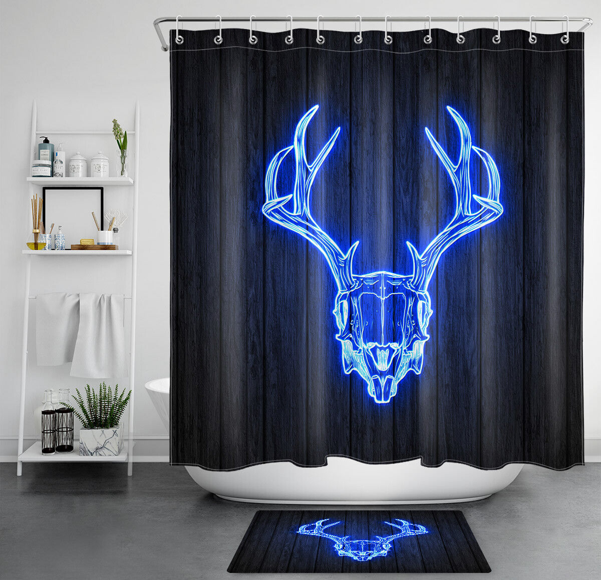 Rustic Antler Rabbit Wood Plank Shower Curtain with Nature-inspired Design