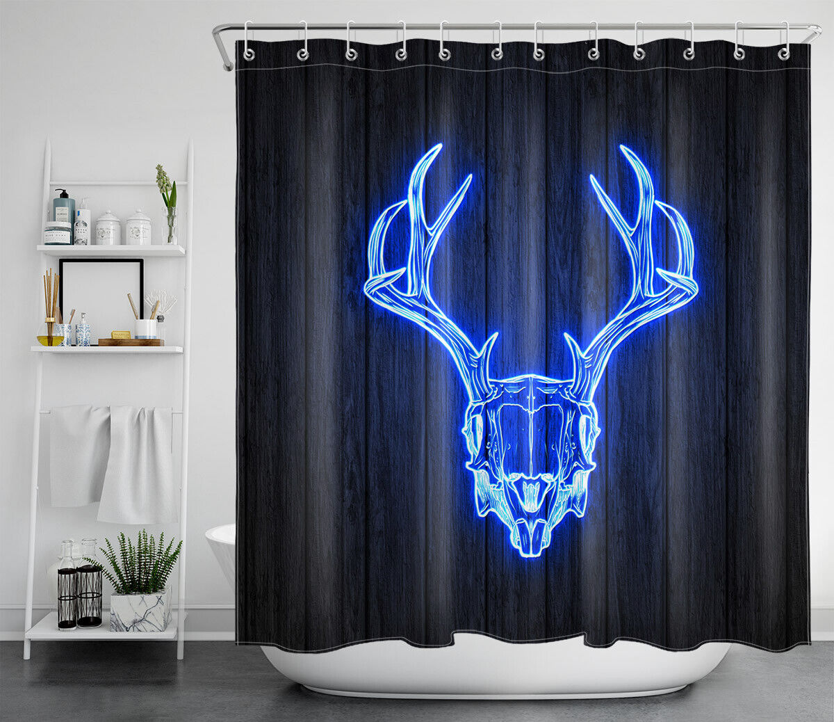 Rustic Antler Rabbit Wood Plank Shower Curtain with Nature-inspired Design