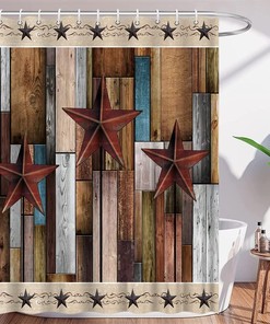 Rustic Barn Door Texas Star Shower Curtain - Brown Gray Wooden Board Planks Hardwood Vintage Print for Farmhouse Bathroom Home Decor with Quick Dry Fabric