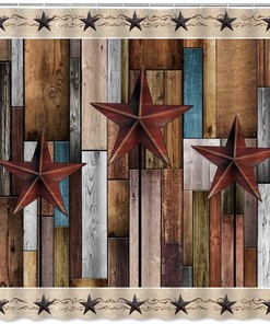 Rustic Barn Door Texas Star Shower Curtain - Brown Gray Wooden Board Planks Hardwood Vintage Print for Farmhouse Bathroom Home Decor with Quick Dry Fabric