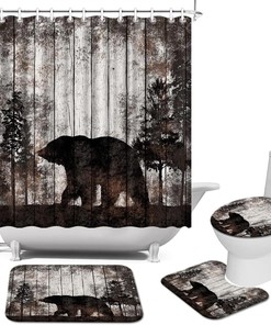 Rustic Bear Forest Shower Curtain with Mat - Farmhouse Bathroom Decor