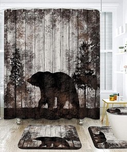 Rustic Bear Forest Shower Curtain with Mat - Farmhouse Bathroom Decor