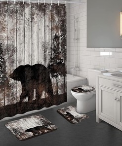 Rustic Bear Forest Shower Curtain with Mat - Farmhouse Bathroom Decor