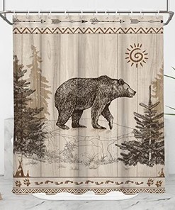 Rustic Bear Shower Curtain with Forest Wild Scenery, Perfect for Cabin Style Bathroom Decor