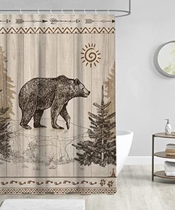 Rustic Bear Shower Curtain with Forest Wild Scenery, Perfect for Cabin Style Bathroom Decor