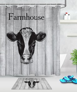 Rustic Black Cow Head Shower Curtain on Wood Planks for Country-Themed Bathroom Decor