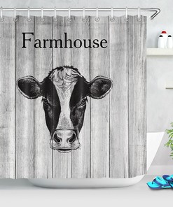 Rustic Black Cow Head Shower Curtain on Wood Planks for Country-Themed Bathroom Decor