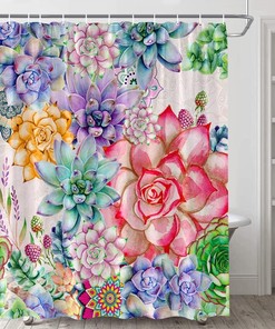 Rustic Boho Floral Shower Curtain with Succulent Plant Cactus - Spring Summer Desert Bathroom Decor