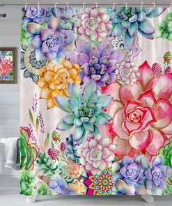 Rustic Boho Floral Shower Curtain with Succulent Plant Cactus - Spring Summer Desert Bathroom Decor