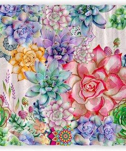 Rustic Boho Floral Shower Curtain with Succulent Plant Cactus - Spring Summer Desert Bathroom Decor