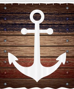 Rustic Brown and White Marine Shower Curtain with Boat Themed Anchor Design for a Coastal Bathroom Decor