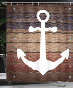 Rustic Brown and White Marine Shower Curtain with Boat Themed Anchor Design for a Coastal Bathroom Decor