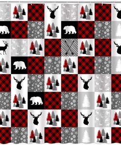 Rustic Cabin Deer Plaid Shower Curtain Perfect for Hunting and Camping Bathroom Decor