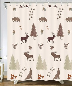 Rustic Cabin Shower Curtain with Bear Elk Moose Wolf Pine Forest Wildlife Design