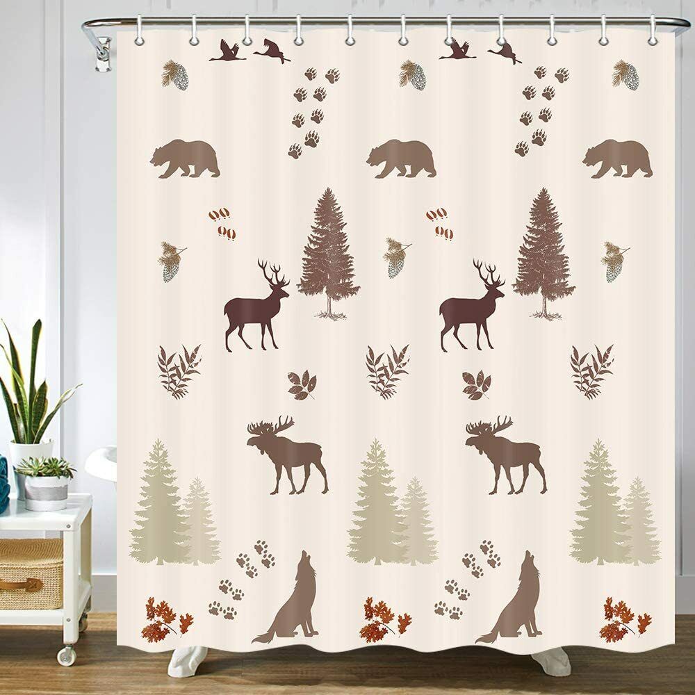 Rustic Cabin Shower Curtain with Bear Elk Moose Wolf Pine Forest Wildlife Design
