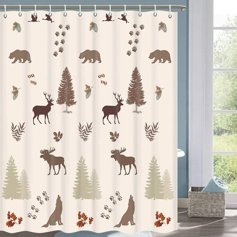 Rustic Cabin Shower Curtain with Bear Elk Moose Wolf Pine Forest Wildlife Design
