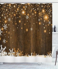 Rustic Christmas Shower Curtain, Wooden Backdrop with Snowflakes and Warm Traditional Celebration Print in Brown White Bathroom Decor