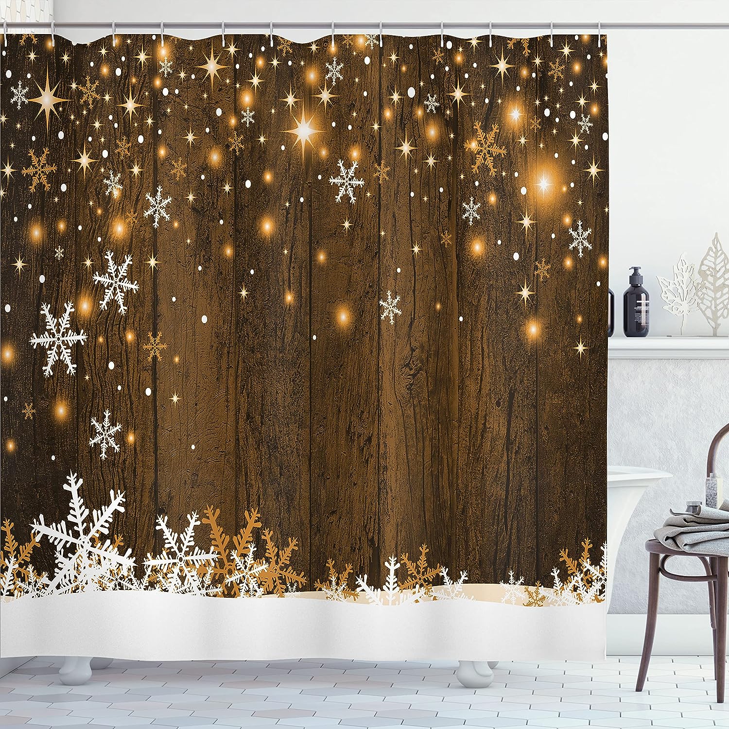 Rustic Christmas Shower Curtain, Wooden Backdrop with Snowflakes and Warm Traditional Celebration Print in Brown White Bathroom Decor