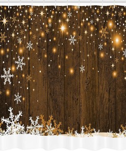 Rustic Christmas Shower Curtain, Wooden Backdrop with Snowflakes and Warm Traditional Celebration Print in Brown White Bathroom Decor
