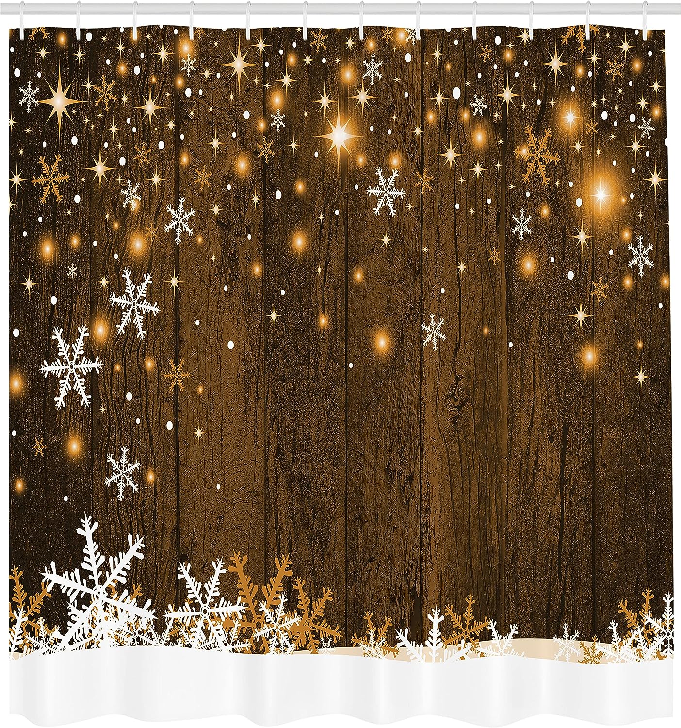 Rustic Christmas Shower Curtain, Wooden Backdrop with Snowflakes and Warm Traditional Celebration Print in Brown White Bathroom Decor