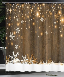 Rustic Christmas Shower Curtain, Wooden Backdrop with Snowflakes and Warm Traditional Celebration Print in Brown White Bathroom Decor