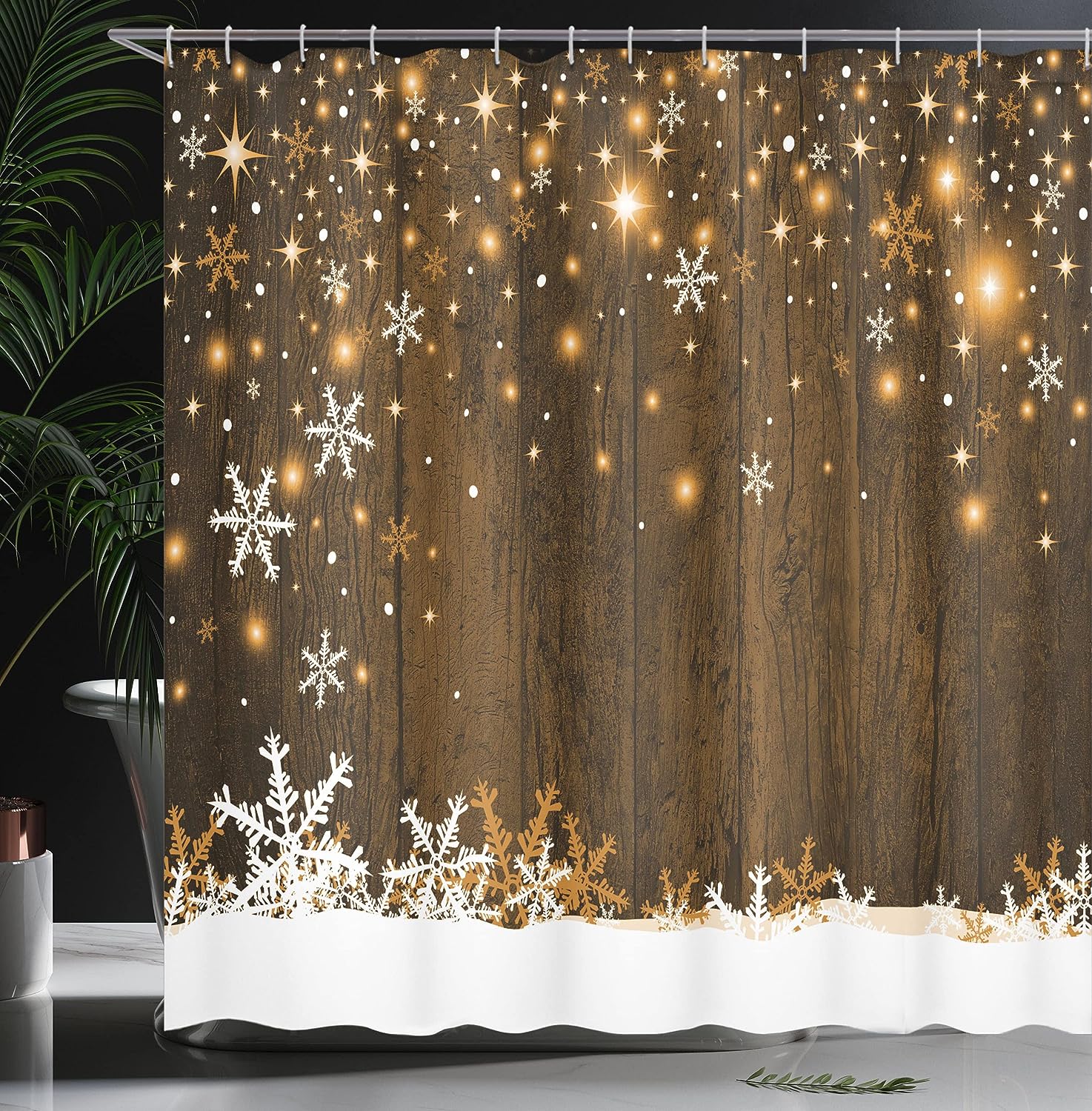 Rustic Christmas Shower Curtain, Wooden Backdrop with Snowflakes and Warm Traditional Celebration Print in Brown White Bathroom Decor