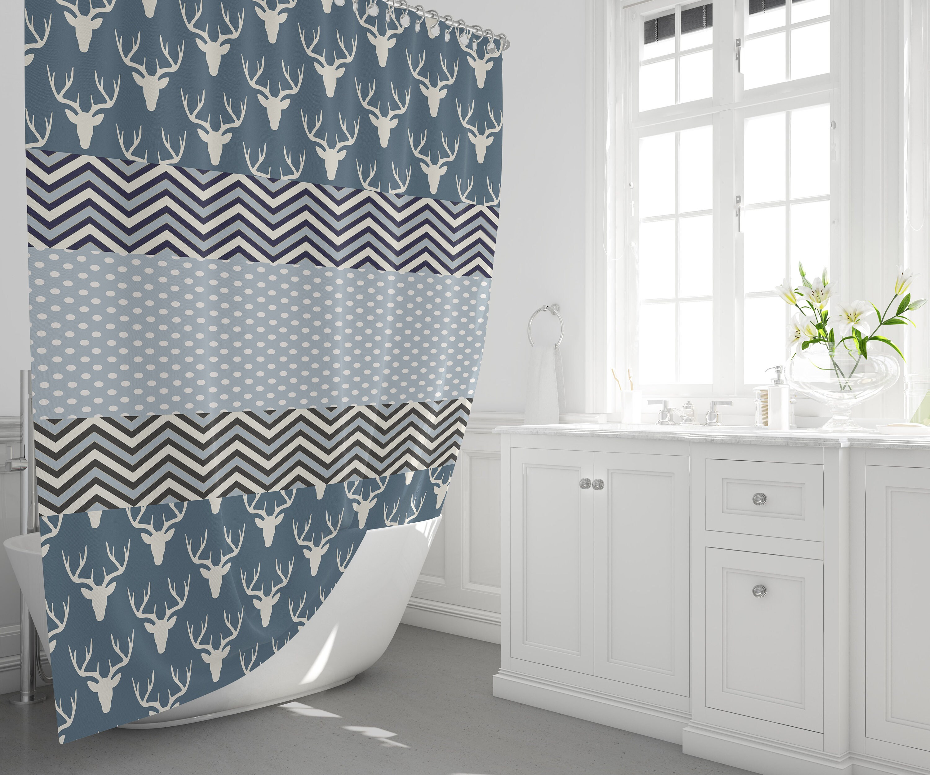 Rustic Deer Chevrons Shower Curtain for Country Bathroom Decor