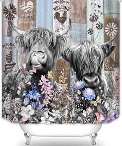 Rustic Farmhouse Cow Shower Curtain with Wildflower and Windmill Prints - Wooden Board Country Bathroom Decor