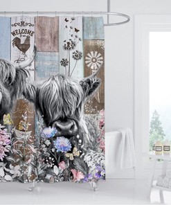 Rustic Farmhouse Cow Shower Curtain with Wildflower and Windmill Prints - Wooden Board Country Bathroom Decor