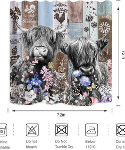 Rustic Farmhouse Cow Shower Curtain with Wildflower and Windmill Prints - Wooden Board Country Bathroom Decor