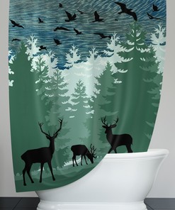 Rustic Forest Deer Shower Curtain, Forest Silhouette Bathroom Decor, Green and Blue Design