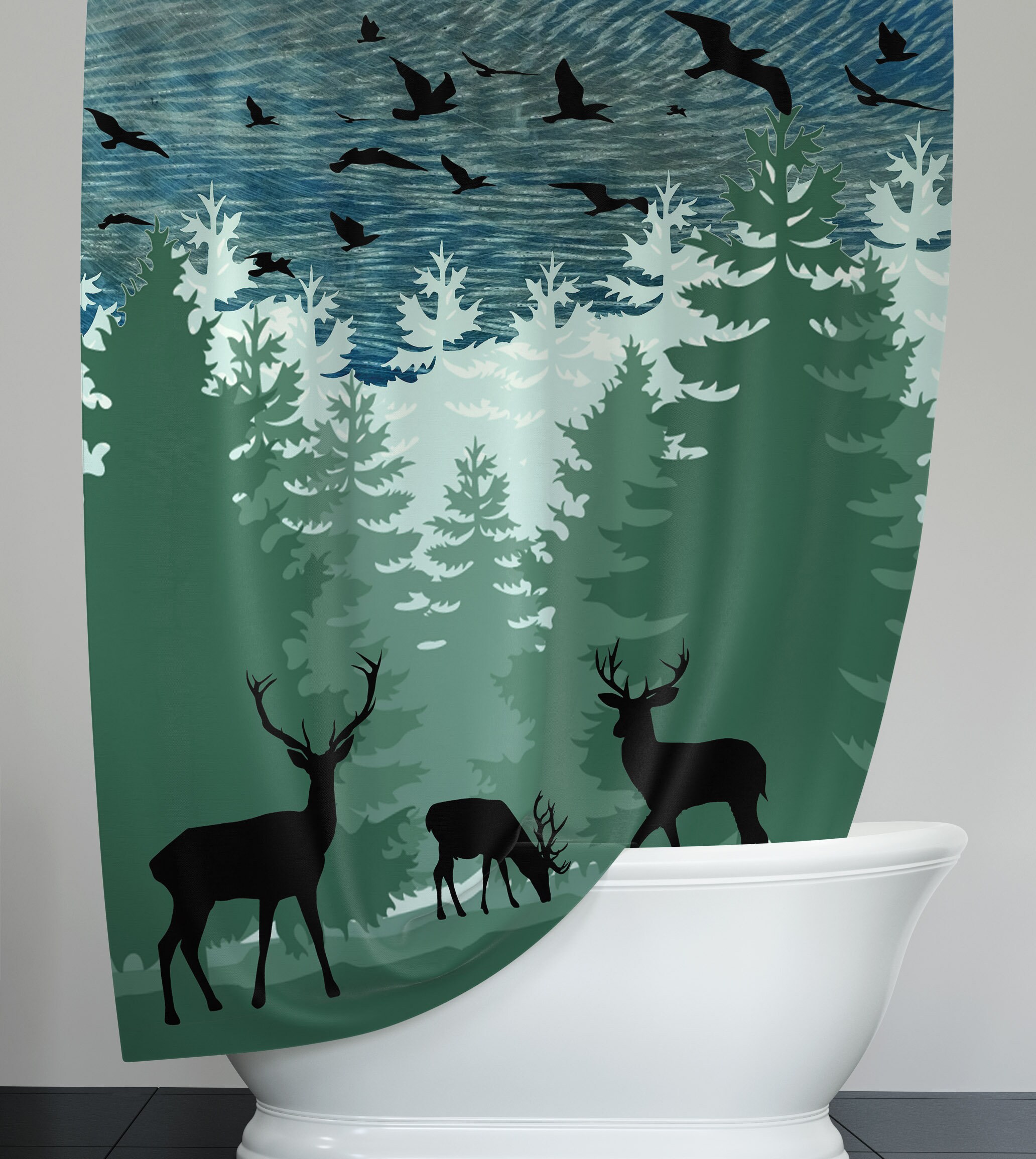 Rustic Forest Deer Shower Curtain, Forest Silhouette Bathroom Decor, Green and Blue Design