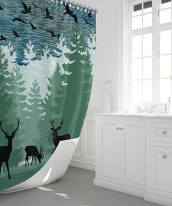 Rustic Forest Deer Shower Curtain, Forest Silhouette Bathroom Decor, Green and Blue Design