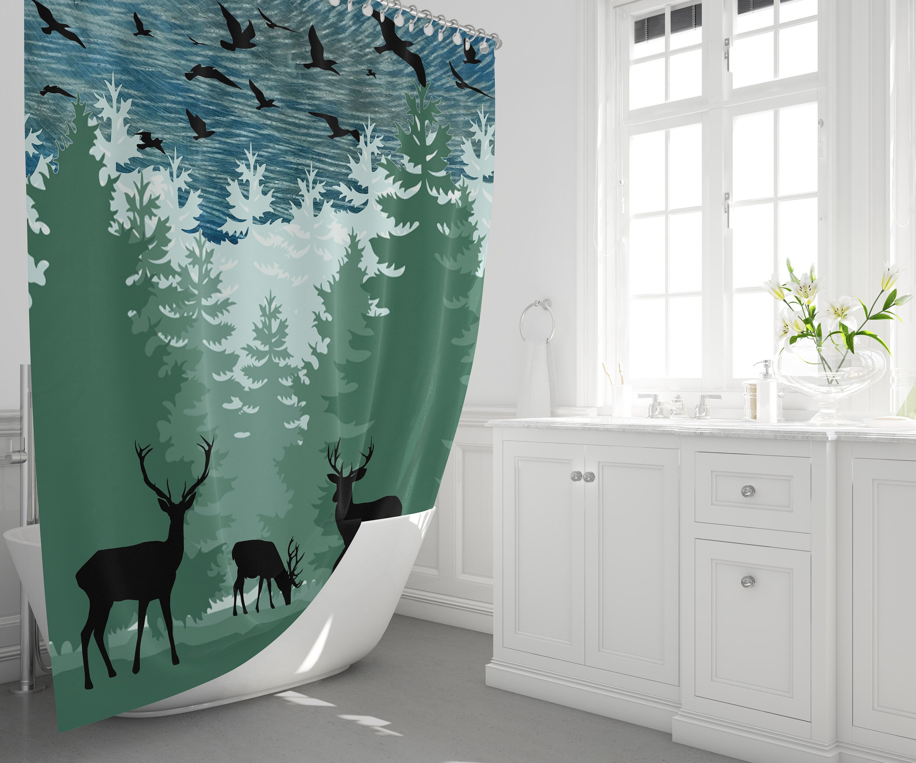 Rustic Forest Deer Shower Curtain, Forest Silhouette Bathroom Decor, Green and Blue Design
