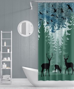 Rustic Forest Deer Shower Curtain, Forest Silhouette Bathroom Decor, Green and Blue Design
