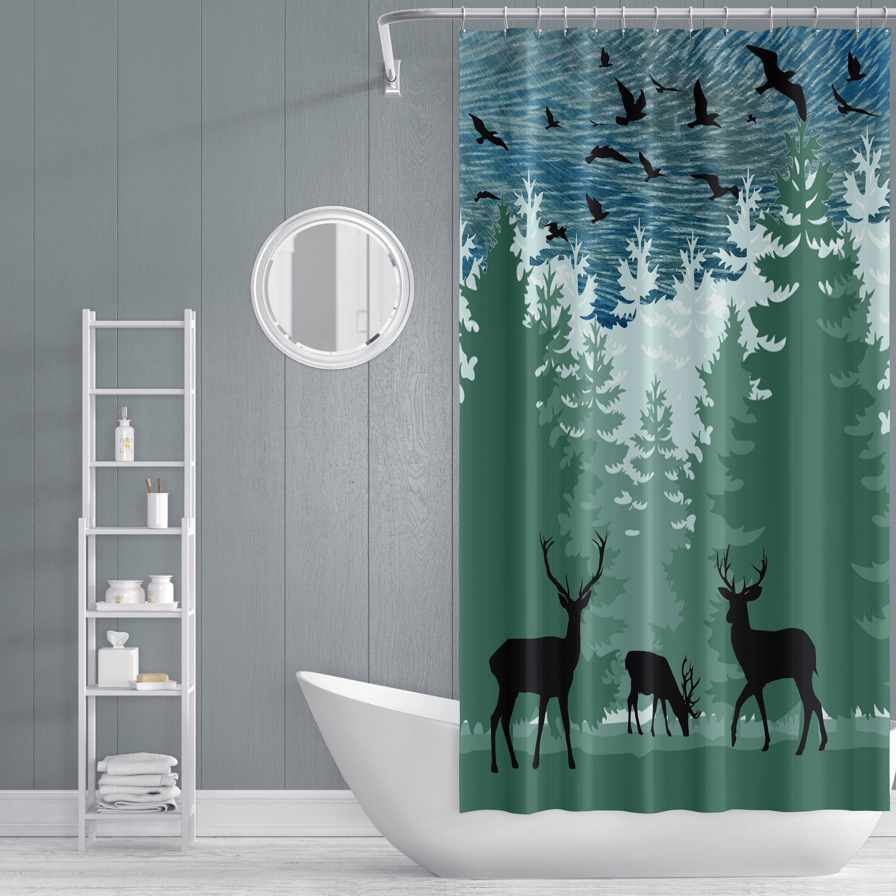 Rustic Forest Deer Shower Curtain, Forest Silhouette Bathroom Decor, Green and Blue Design