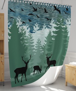 Rustic Forest Deer Shower Curtain, Forest Silhouette Bathroom Decor, Green and Blue Design