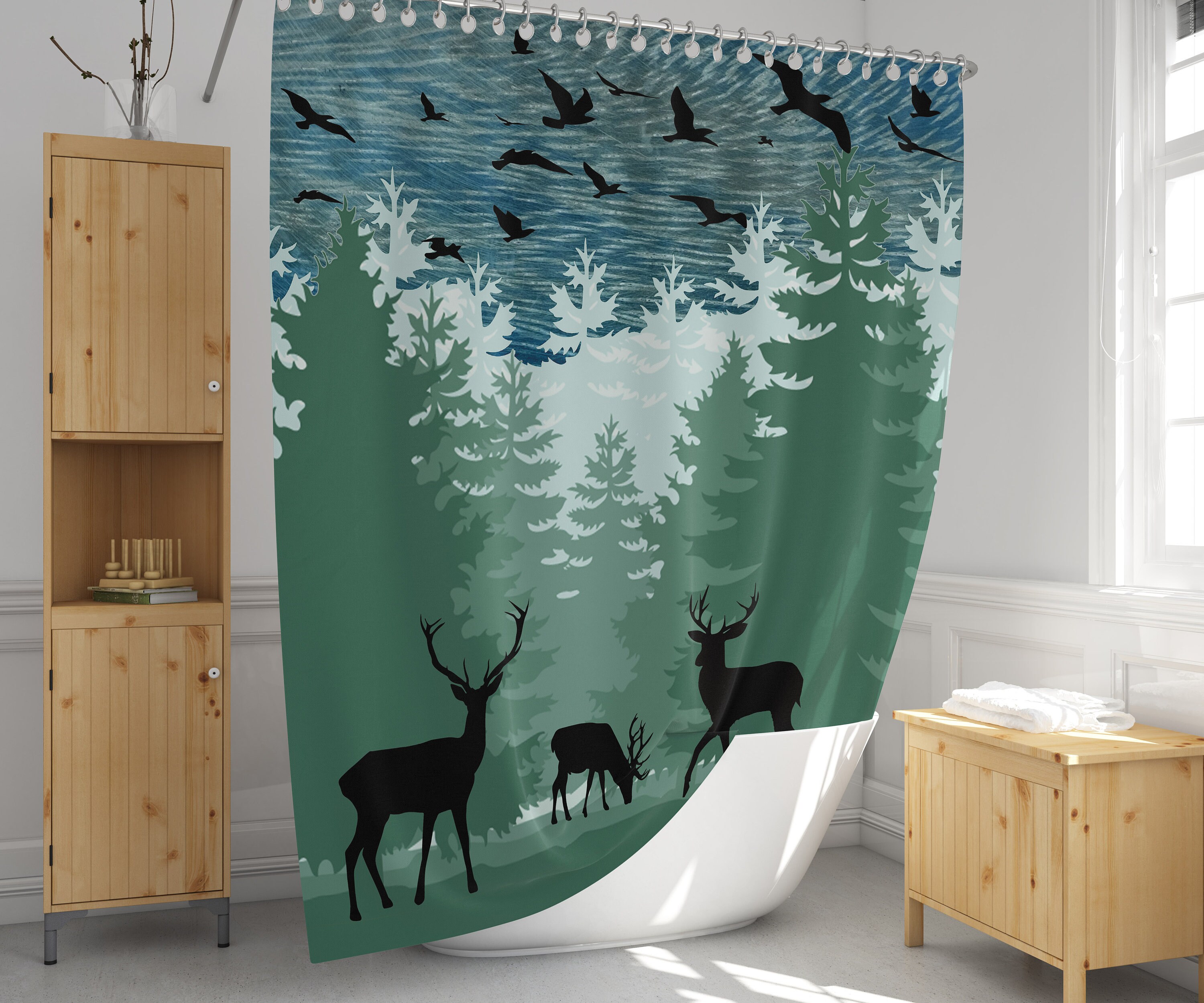 Rustic Forest Deer Shower Curtain, Forest Silhouette Bathroom Decor, Green and Blue Design