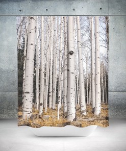 Rustic Forest Lodge Theme Shower Curtain with Birch Trees for Woodland Cabin Bathroom Decor