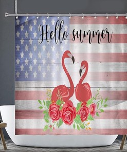 Rustic Fourth of July American Flag Flamingo Rose Shower Curtain for a Textured Bathroom Decor
