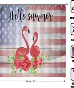 Rustic Fourth of July American Flag Flamingo Rose Shower Curtain for a Textured Bathroom Decor