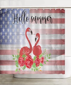 Rustic Fourth of July American Flag Flamingo Rose Shower Curtain for a Textured Bathroom Decor