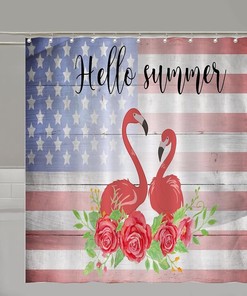 Rustic Fourth of July American Flag Flamingo Rose Shower Curtain for a Textured Bathroom Decor
