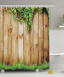 Rustic Garden Fence Shower Curtain, Spring Season Grass Cloth Bathroom Decor, Green Brown