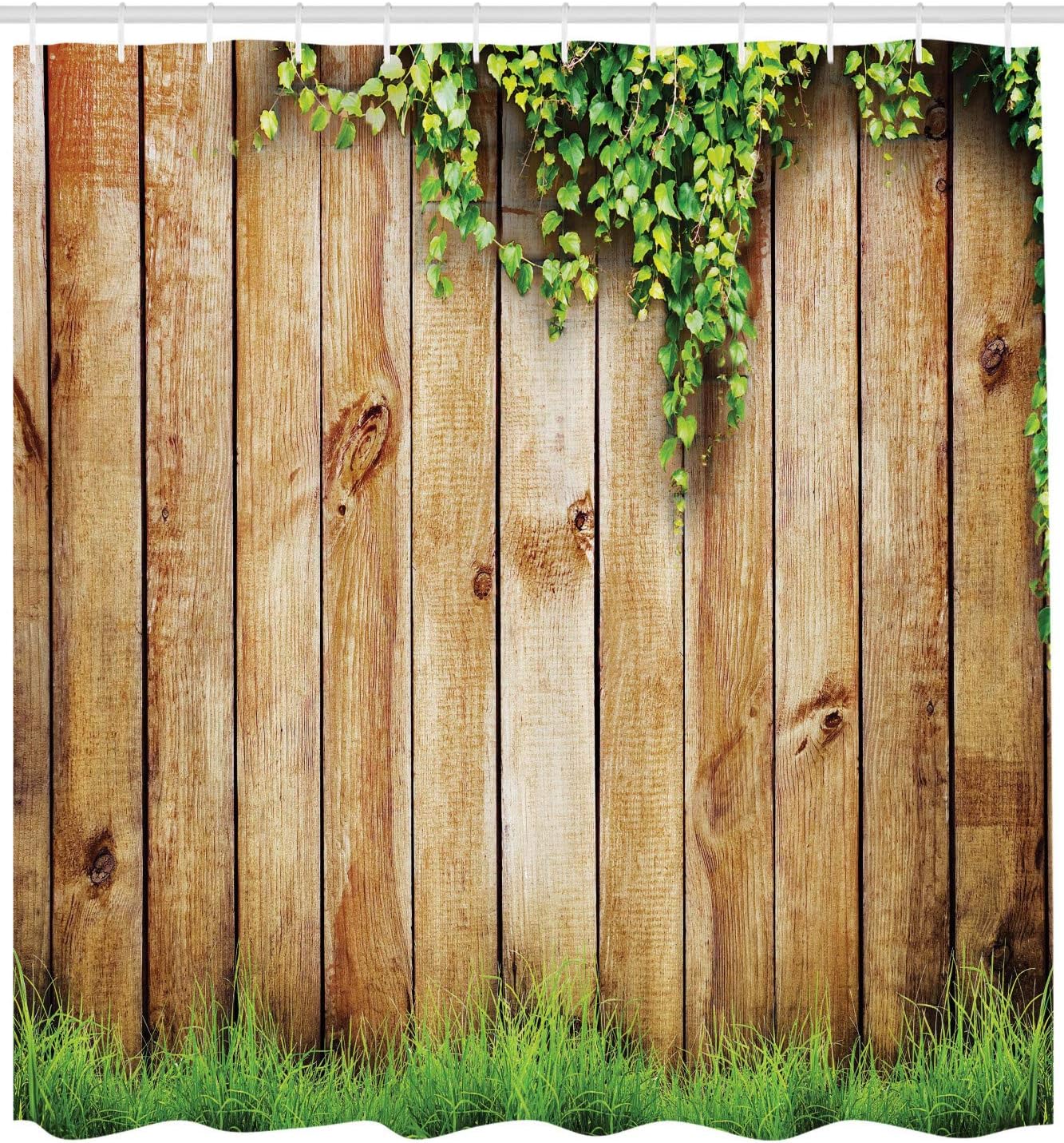 Rustic Garden Fence Shower Curtain, Spring Season Grass Cloth Bathroom Decor, Green Brown