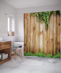 Rustic Garden Fence Shower Curtain, Spring Season Grass Cloth Bathroom Decor, Green Brown