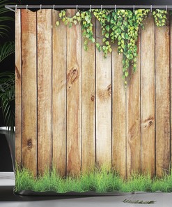 Rustic Garden Fence Shower Curtain, Spring Season Grass Cloth Bathroom Decor, Green Brown