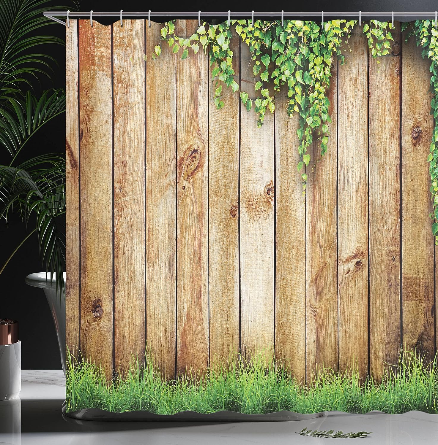Rustic Garden Fence Shower Curtain, Spring Season Grass Cloth Bathroom Decor, Green Brown