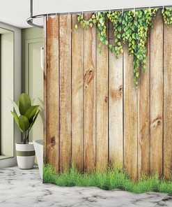 Rustic Garden Fence Shower Curtain, Spring Season Grass Cloth Bathroom Decor, Green Brown